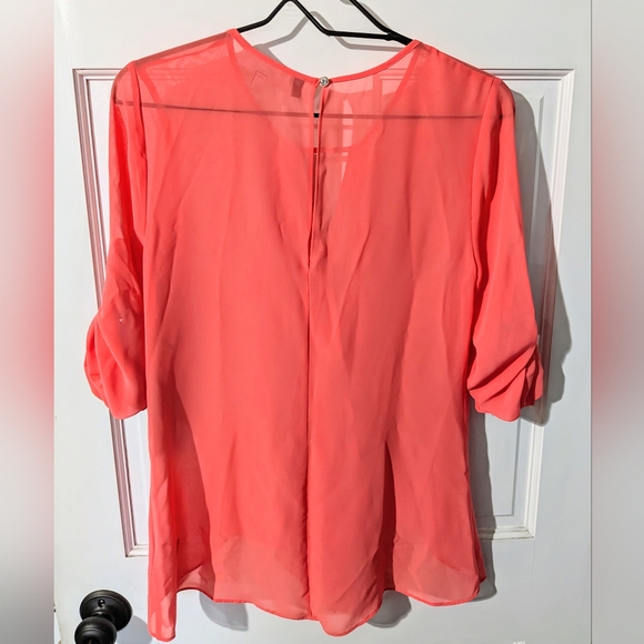 Jennifer Lopez, NWT, Hot Coral, Semi-Sheer, Ruffle Front Blouse, Size XS - Picture 3 of 13